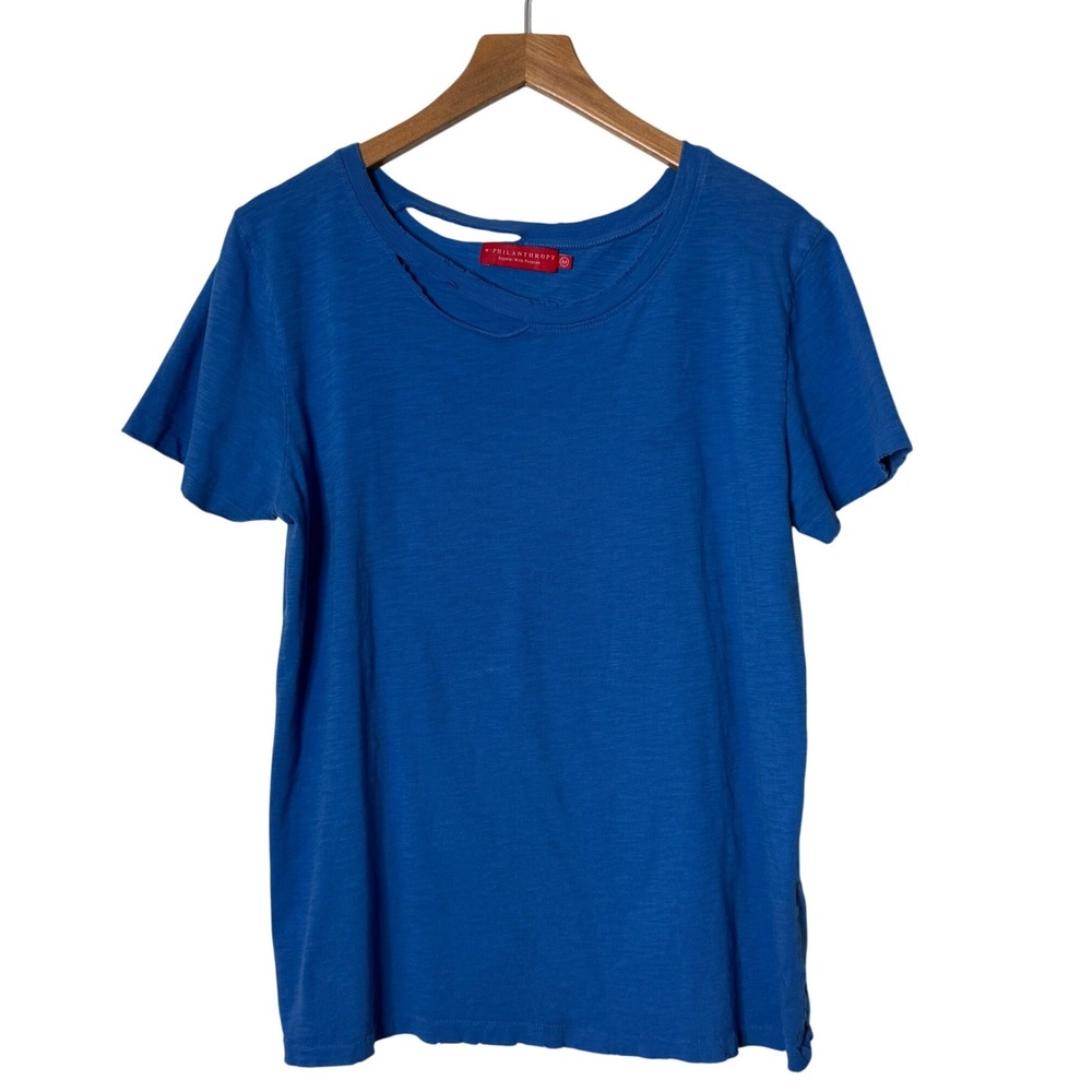 N Philanthropy Blue Harlow Distressed Cotton T-Shirt Womens Medium Minimalist
